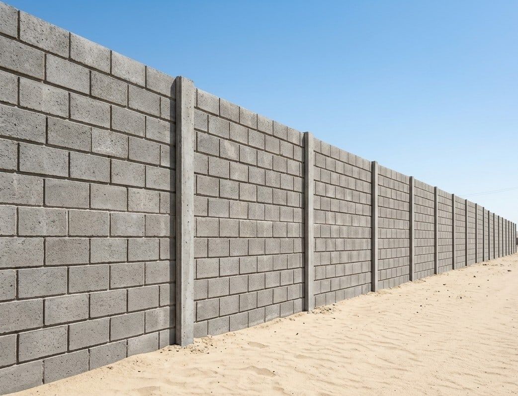 Cerco estándar con diseño ladrillo que se pierde en perspectiva sobre la arena
