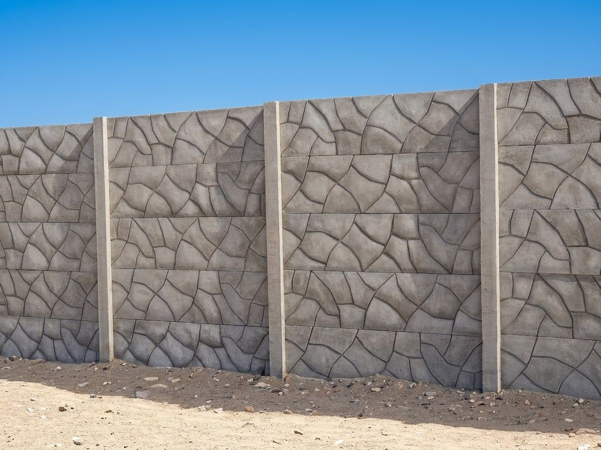 Cerco premium terminado, con placas de diseño piedra laja y columnas de concreto